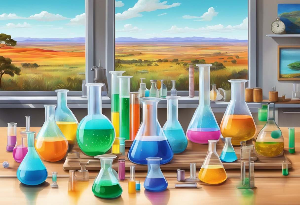 Amazing Science Experiments That Inspire Australian Primary Kids primary science experiments,science experiment,experiments LearningMole A table covered in colorful beakers, test tubes, and science equipment, with a backdrop of a vibrant Australian landscape