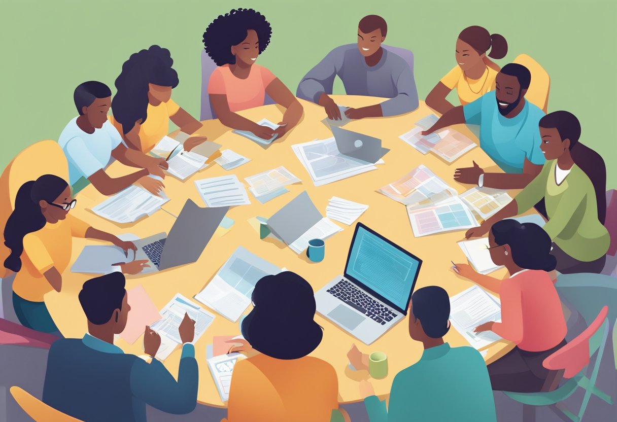 A group of diverse individuals gather around a table, discussing and collaborating on community engagement and advocacy initiatives. A colorful bulletin board displays Common Core aligned resources