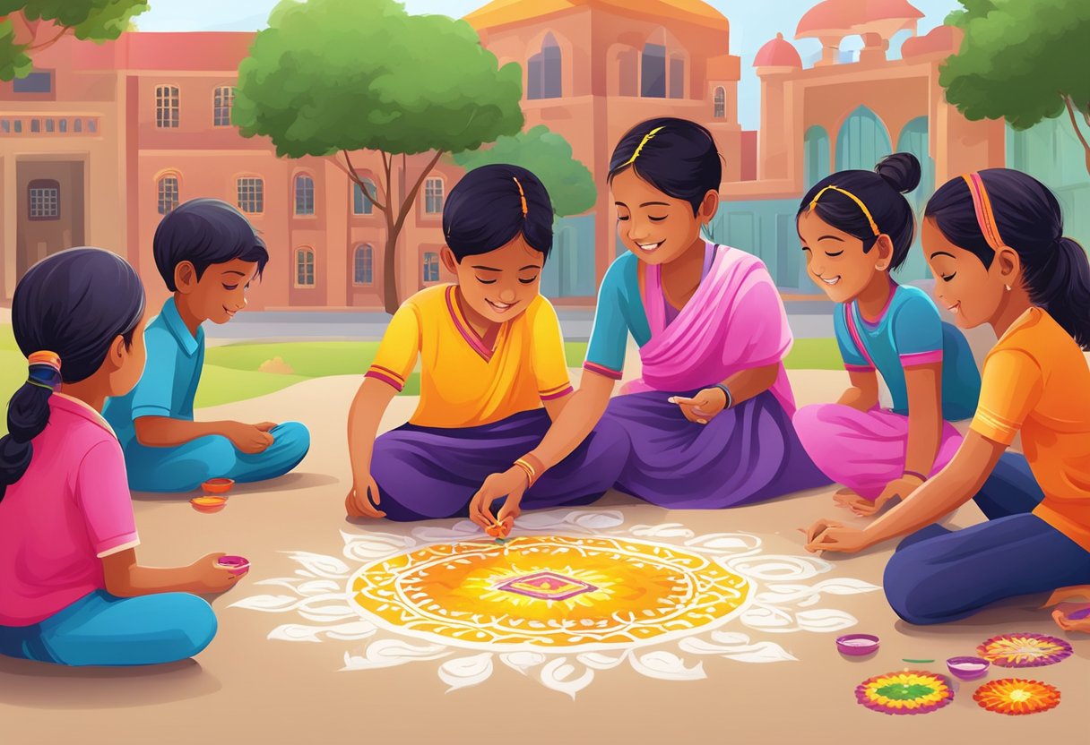 Indian Festival Activities: Fun Ways to Celebrate Cultural Traditions Indian festivals,Festival activities,Diwali LearningMole Children creating colorful Rangoli patterns outside a school, while teachers explain the significance of Diwali