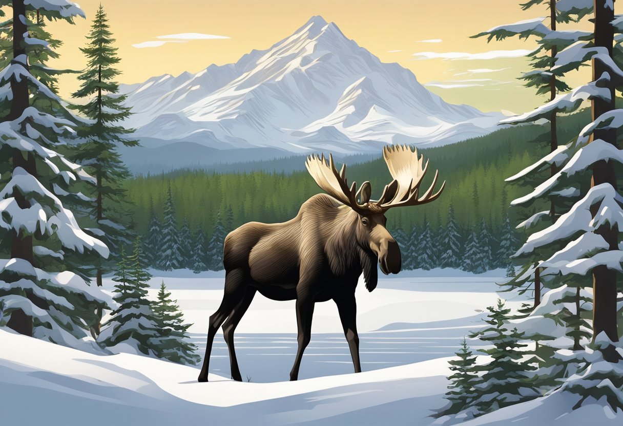A moose grazing in a lush forest with a snow-capped mountain in the background