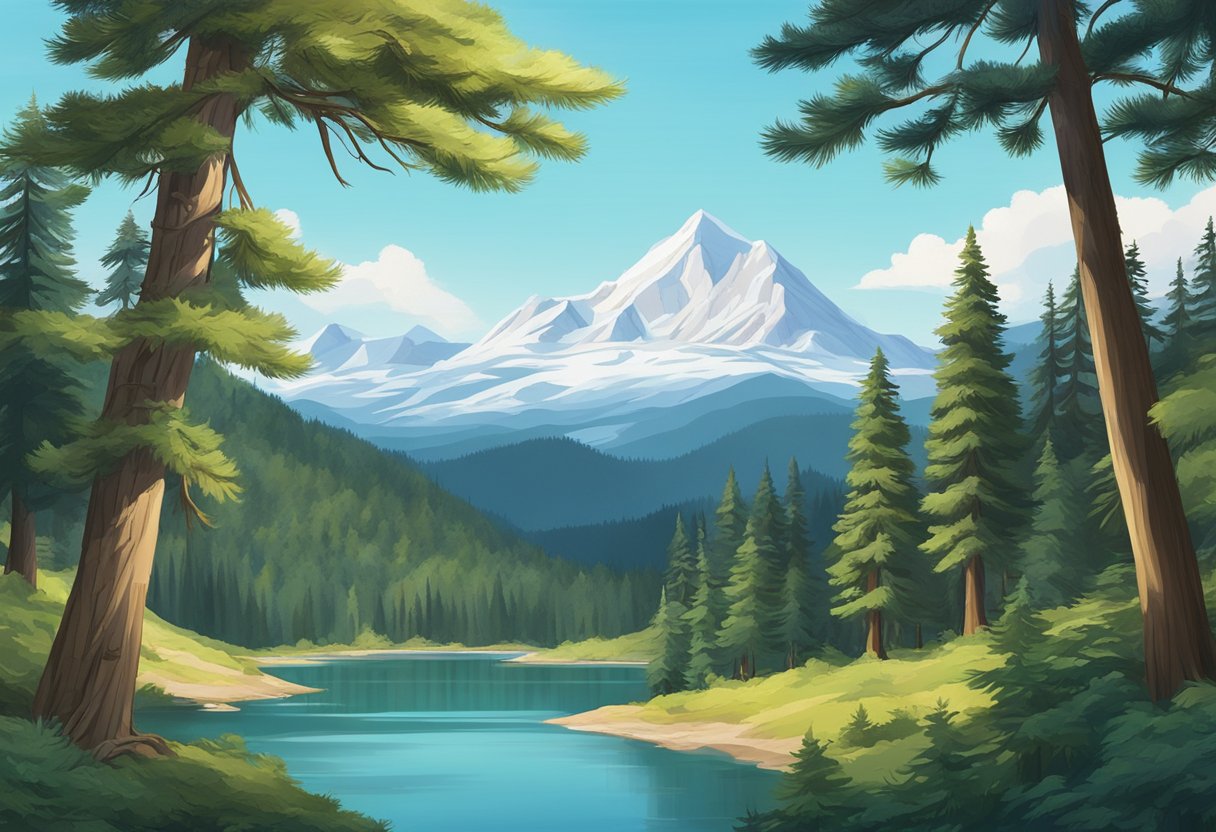 A lush forest with towering pine trees, a clear blue lake, and snow-capped mountains in the distance