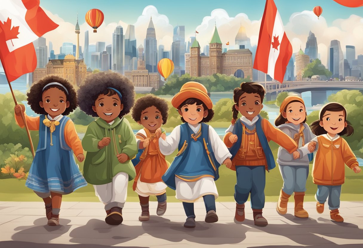 A diverse group of children in traditional Canadian clothing celebrate various cultural festivals against a backdrop of iconic Canadian landmarks