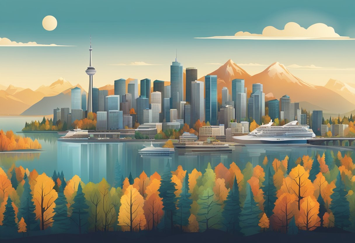 A panoramic view of iconic Canadian cities, with mountains, forests, and urban skylines under a spotlight