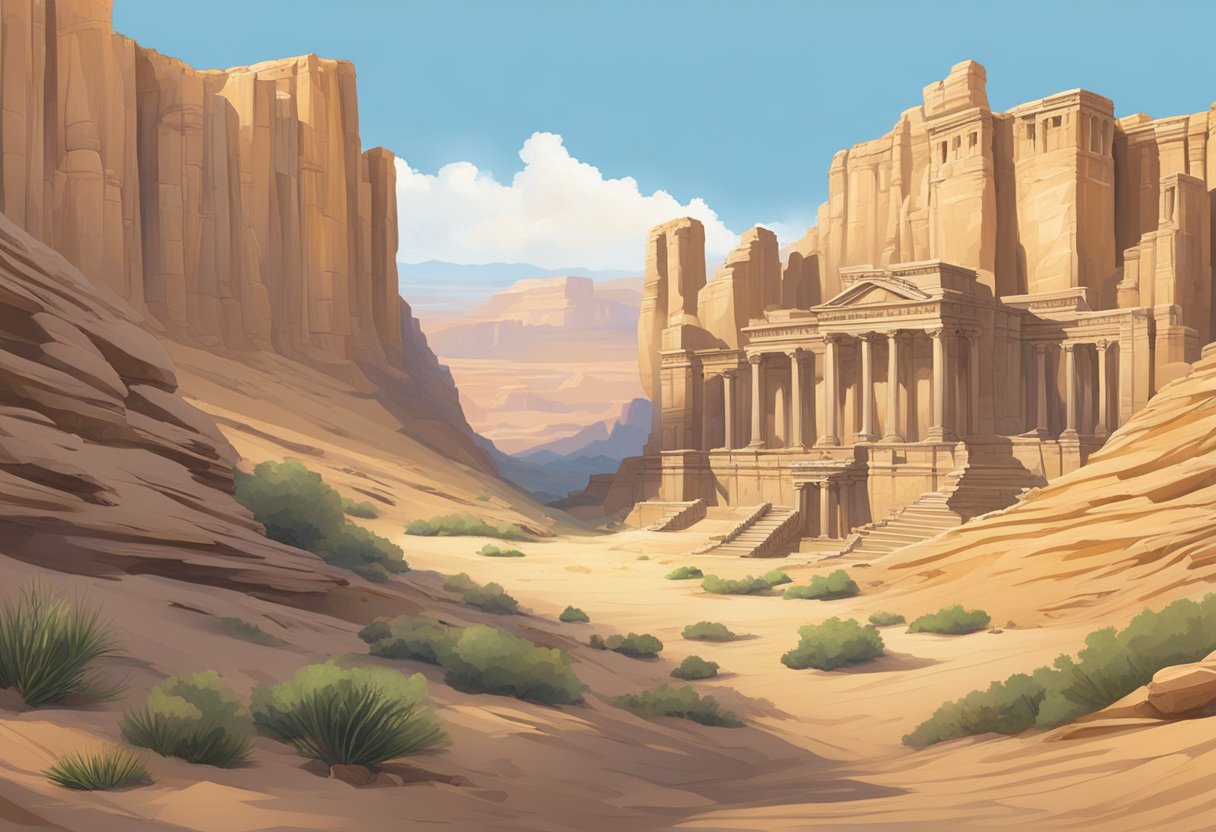 Discover Gulf Countries Geography: Fun Learning Adventure for Kids Gulf countries,Arabian Peninsula,Gulf Region LearningMole Ancient ruins nestled among desert dunes, with a backdrop of towering sandstone cliffs and a clear blue sky overhead