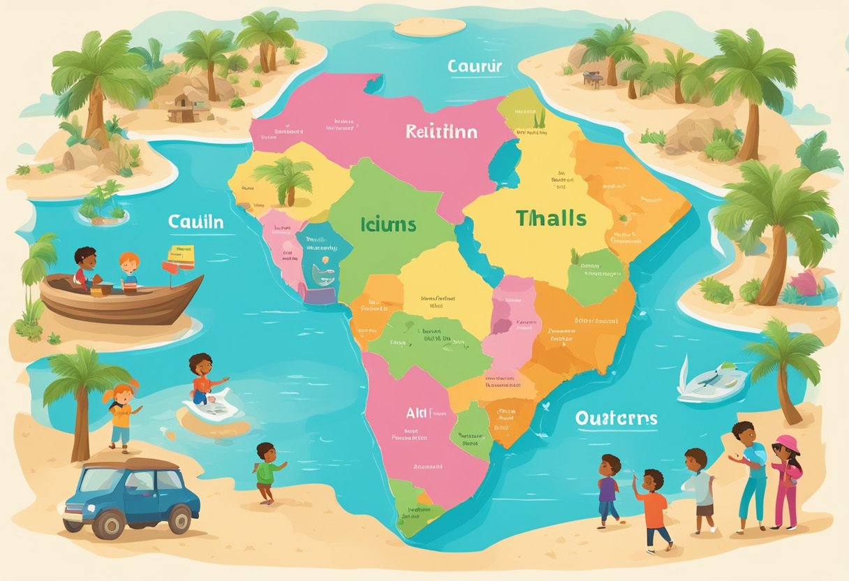Discover Gulf Countries Geography: Fun Learning Adventure for Kids Gulf countries,Arabian Peninsula,Gulf Region LearningMole A colorful map of the Gulf countries with quiz questions and answers displayed, surrounded by cheerful, engaged children