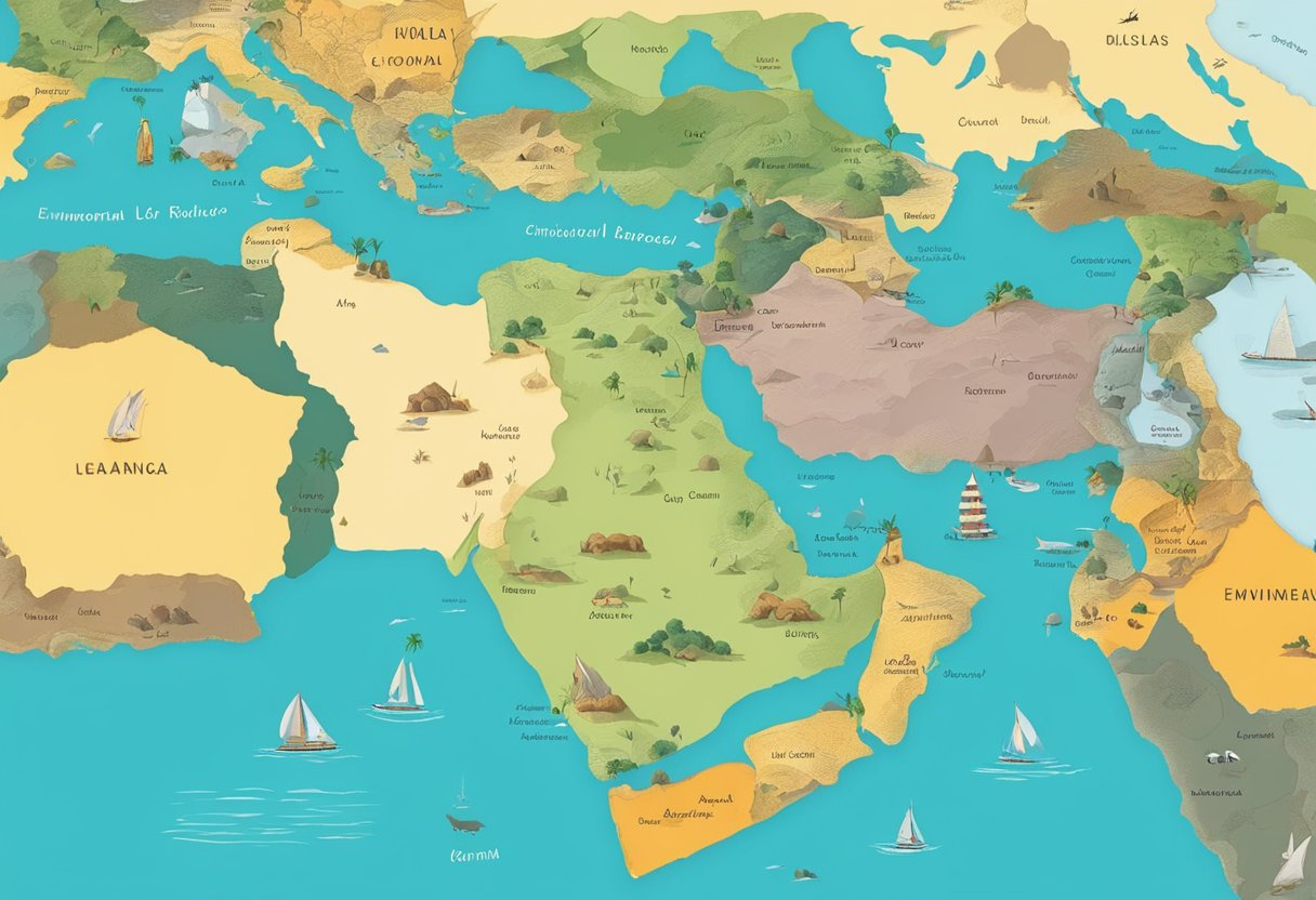 Discover Gulf Countries Geography: Fun Learning Adventure for Kids Gulf countries,Arabian Peninsula,Gulf Region LearningMole A colorful map of the Gulf countries, featuring diverse landscapes, wildlife, and bodies of water, with a focus on environmental balance