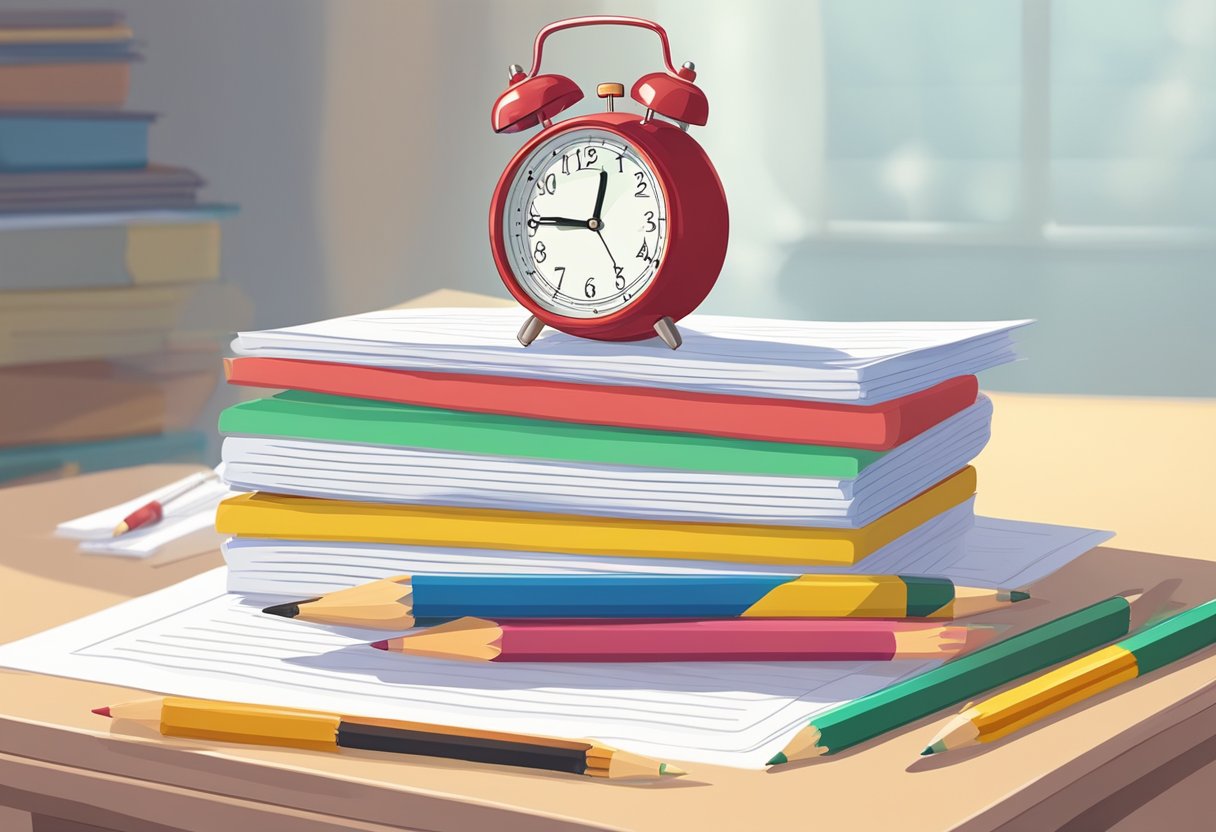 A stack of practice test papers and pencils on a desk. A clock on the wall shows the time