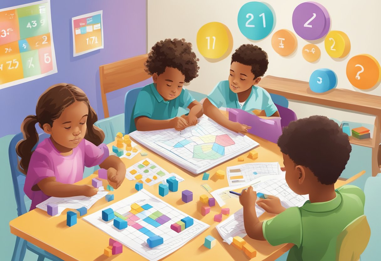 Top Maths Worksheets Classes 1-5: 9 Essential Topics maths worksheets,maths,addition LearningMole A diverse group of children working on math problems at various skill levels, surrounded by colorful charts and manipulatives