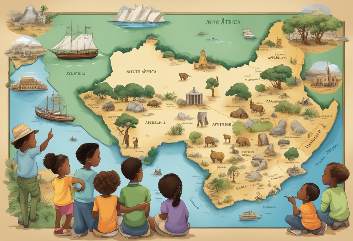 South African History Activities: 5 Fun and Educational Ways to Explore the Past South African History,South Africa LearningMole South African History Activities: A group of children gather around a map of South Africa, pointing to different regions and landmarks while engaging in educational activities related to South African history