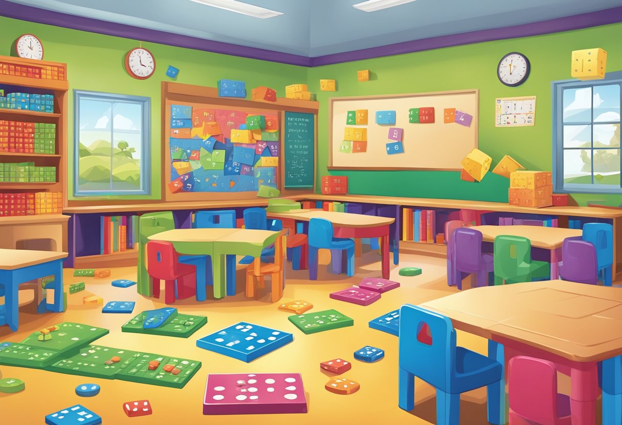 A colorful corner with various math games, including puzzles, dice, and counting cards, set up in a primary school classroom in New Zealand