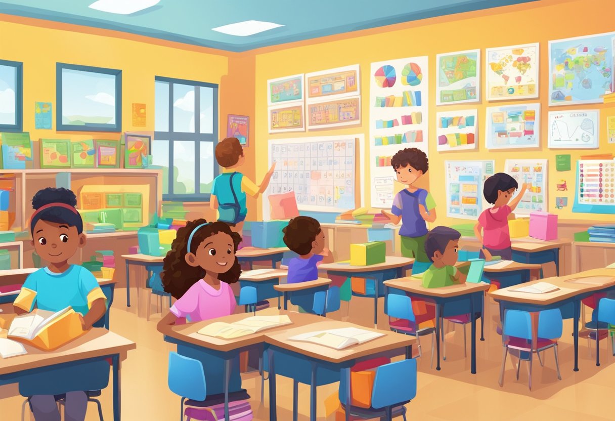 A colorful classroom with shelves of math games, students selecting activities, and teaching resources displayed on the walls