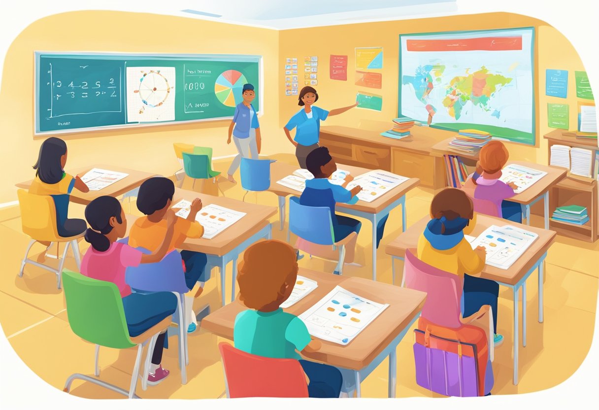A colorful array of math games and charts in a classroom setting, with students engaging in interactive learning and teachers tracking progress