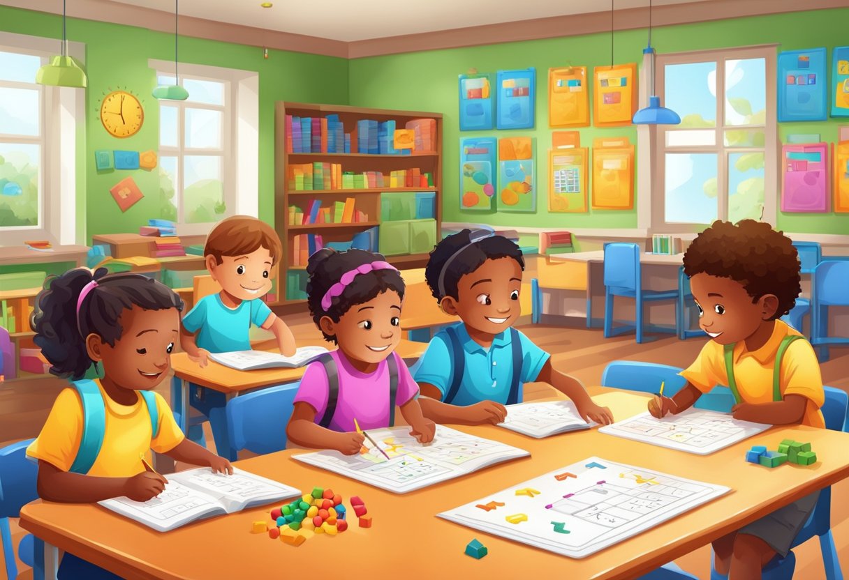 A group of children playing educational math games in a colorful classroom setting