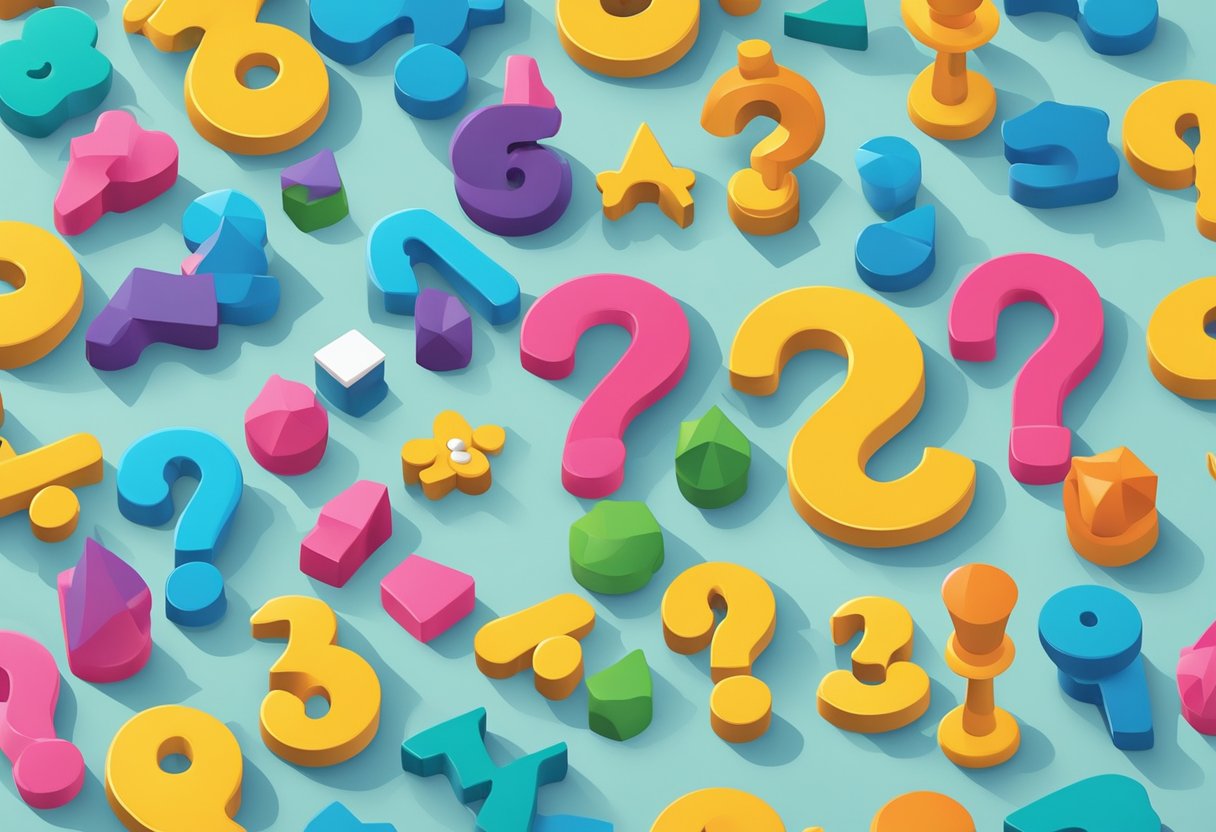 A colorful array of math game pieces and a question mark symbol on a backdrop of New Zealand landmarks