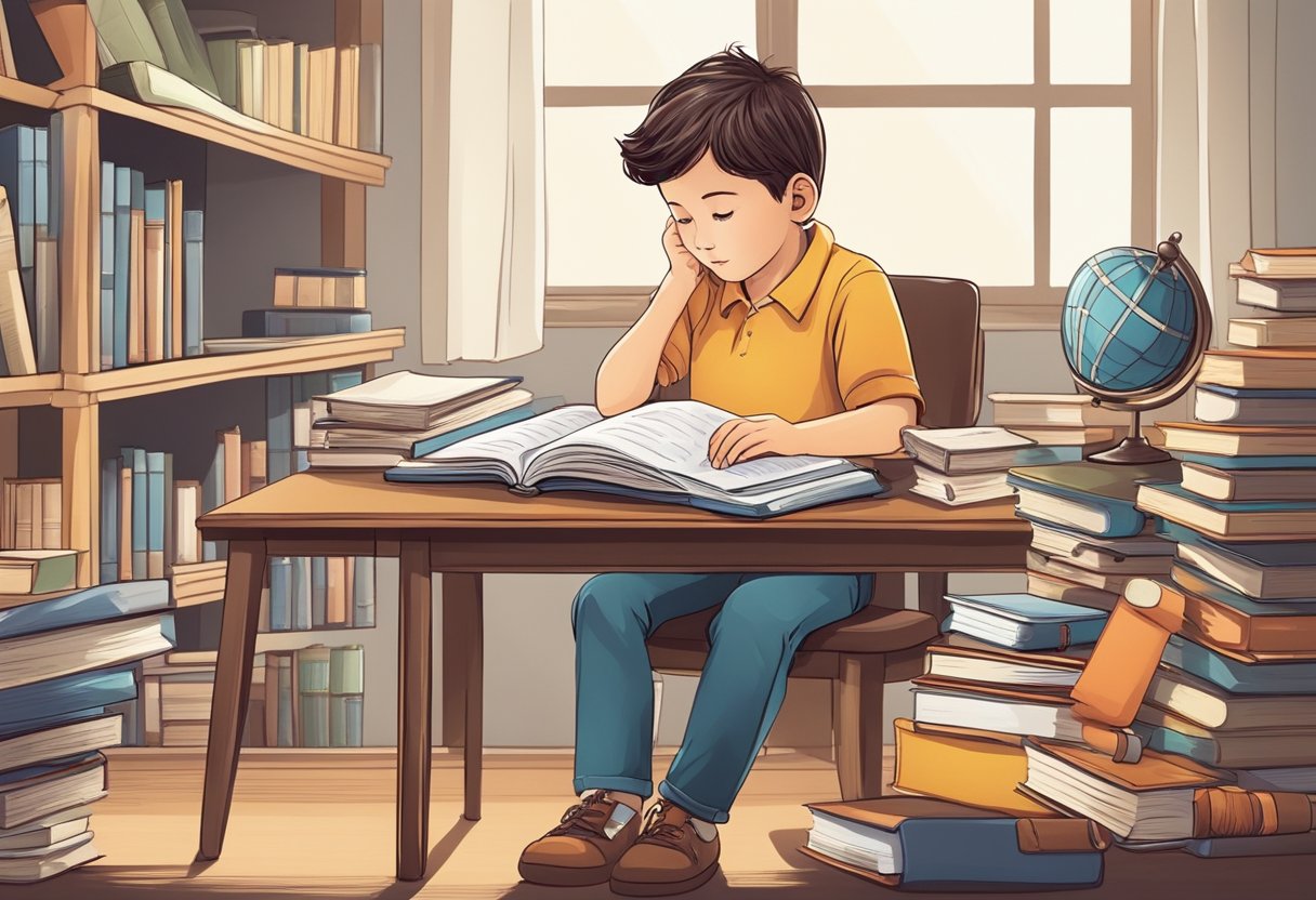 Life Skills Worksheets Grade R-3: Fun Activities for Early Development Life Skills Worksheets for Grade R-3,Life Skills Worksheets,Life Skills LearningMole A young child sitting at a desk, surrounded by books and educational materials, with a thoughtful expression while reading and answering comprehension questions