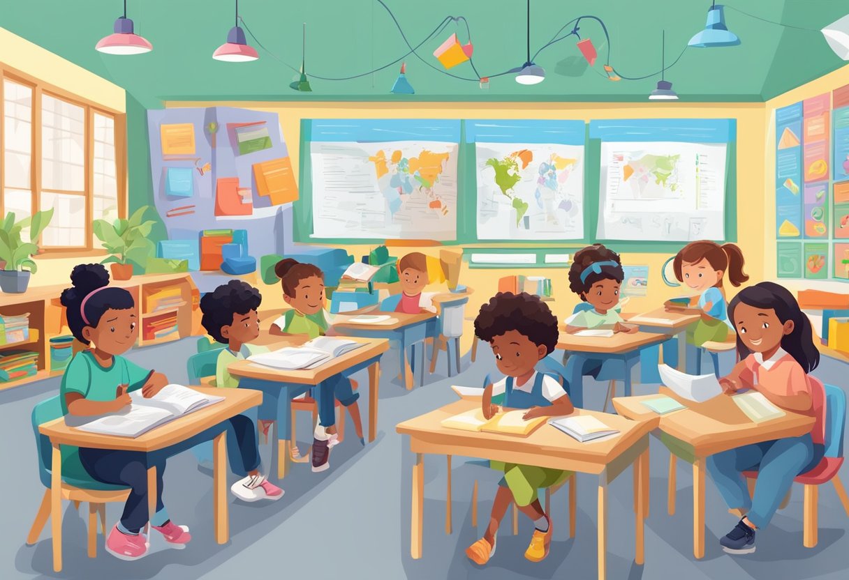 Life Skills Worksheets Grade R-3: Fun Activities for Early Development Life Skills Worksheets for Grade R-3,Life Skills Worksheets,Life Skills LearningMole A colorful classroom with young students engaged in vocabulary and life skills activities, surrounded by worksheets and educational materials