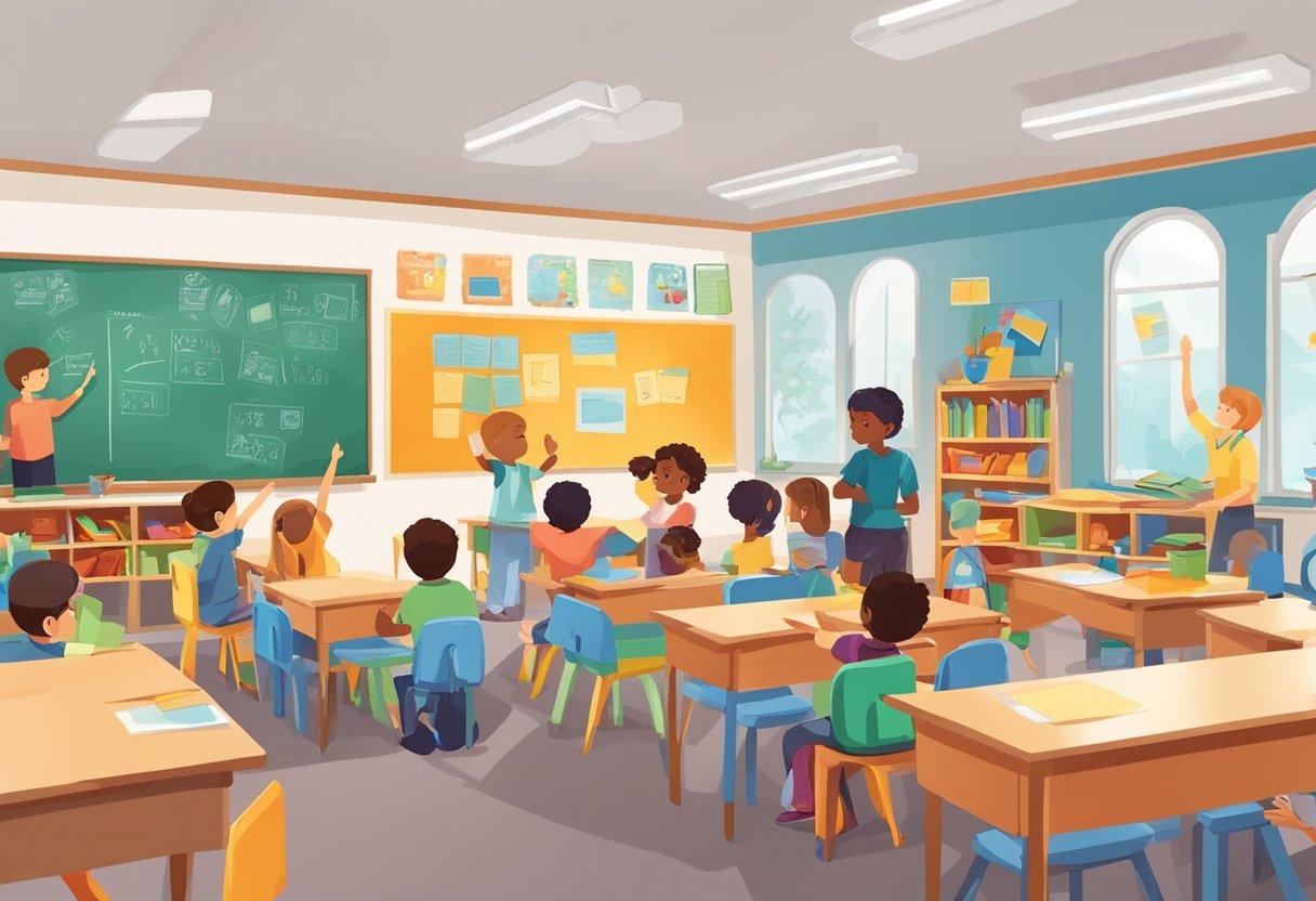 Life Skills Worksheets Grade R-3: Fun Activities for Early Development Life Skills Worksheets for Grade R-3,Life Skills Worksheets,Life Skills LearningMole A colorful classroom with children engaged in hands-on activities and group discussions, surrounded by posters and charts related to life skills