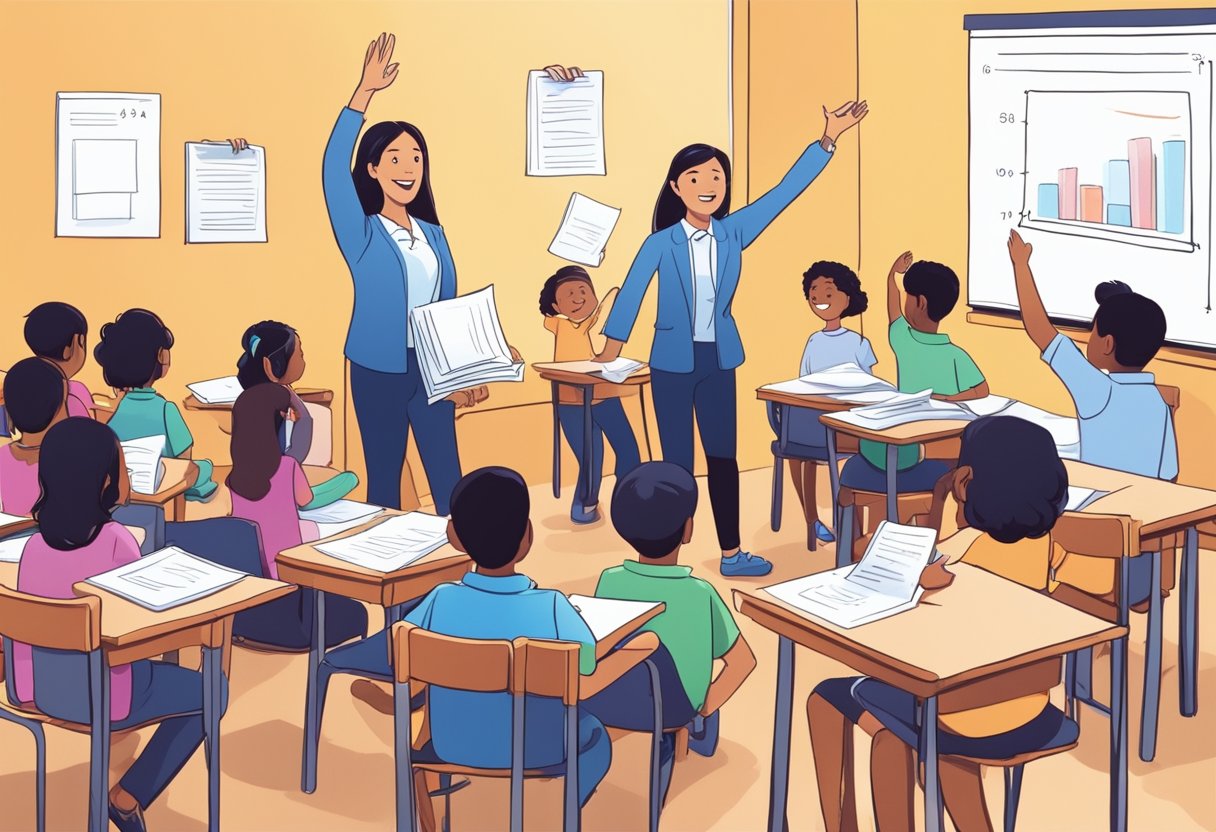 Life Skills Worksheets Grade R-3: Fun Activities for Early Development Life Skills Worksheets for Grade R-3,Life Skills Worksheets,Life Skills LearningMole A group of young students eagerly raise their hands to ask questions, while a teacher stands nearby with a stack of worksheets