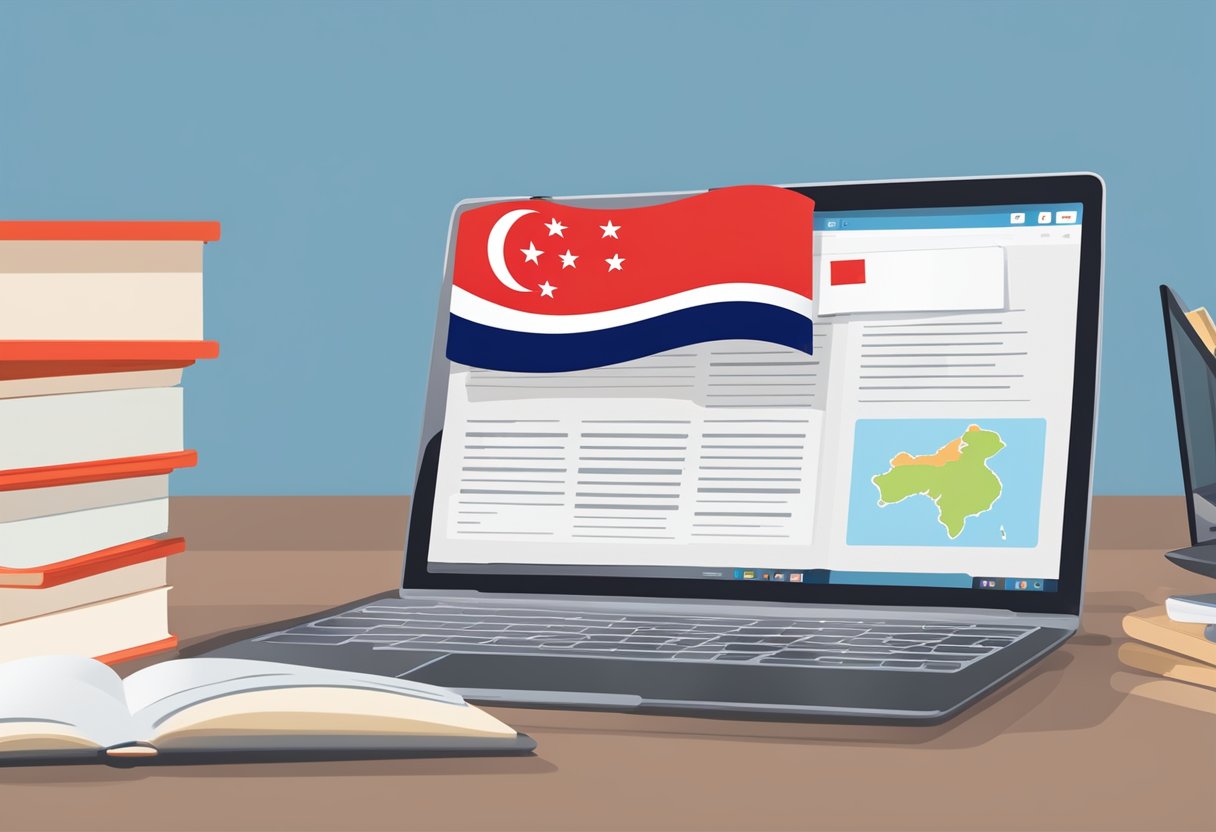 English Language Learning Singapore: Friendly Guide for Beginners English Language Learning in Singapore,English Language Learning,English courses LearningMole A stack of grammar books next to a laptop with a Singapore flag sticker. A language learning app open on the screen