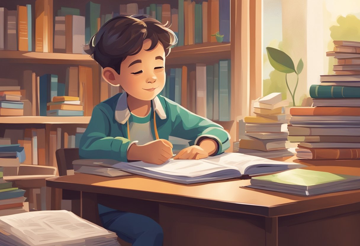 A child sits at a desk, surrounded by books and papers. A clock on the wall shows the passage of time as the child balances homework, family, and leisure
