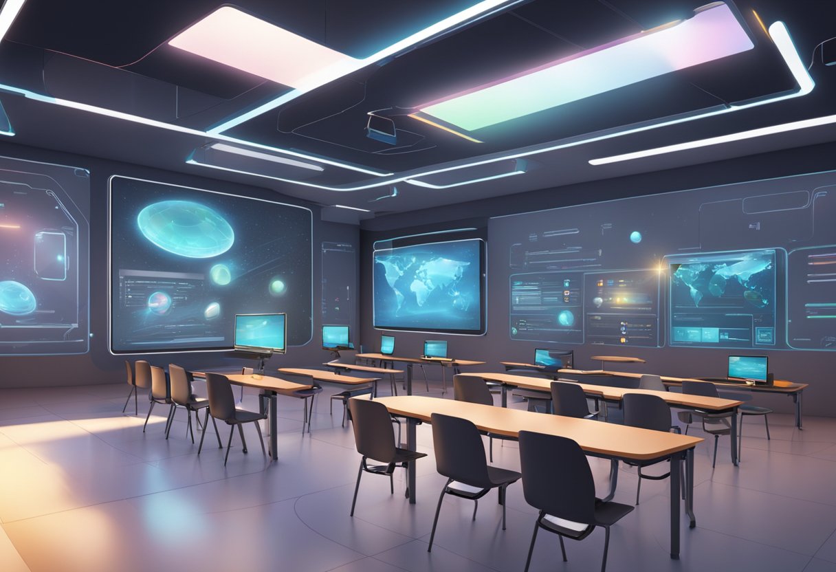 A futuristic classroom with holographic projections, digital tablets, and interactive learning tools