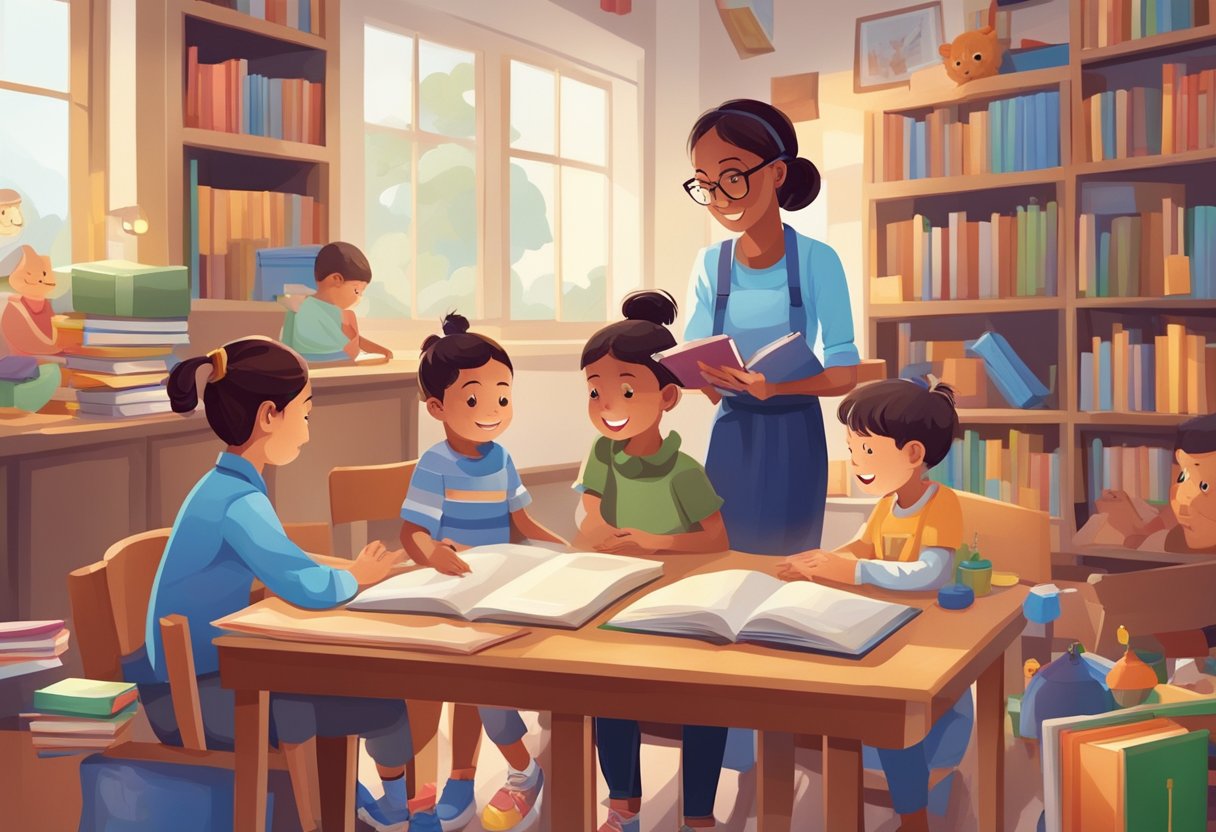 A group of children engaged in various educational activities, surrounded by books, toys, and learning materials, with a teacher guiding them through the process