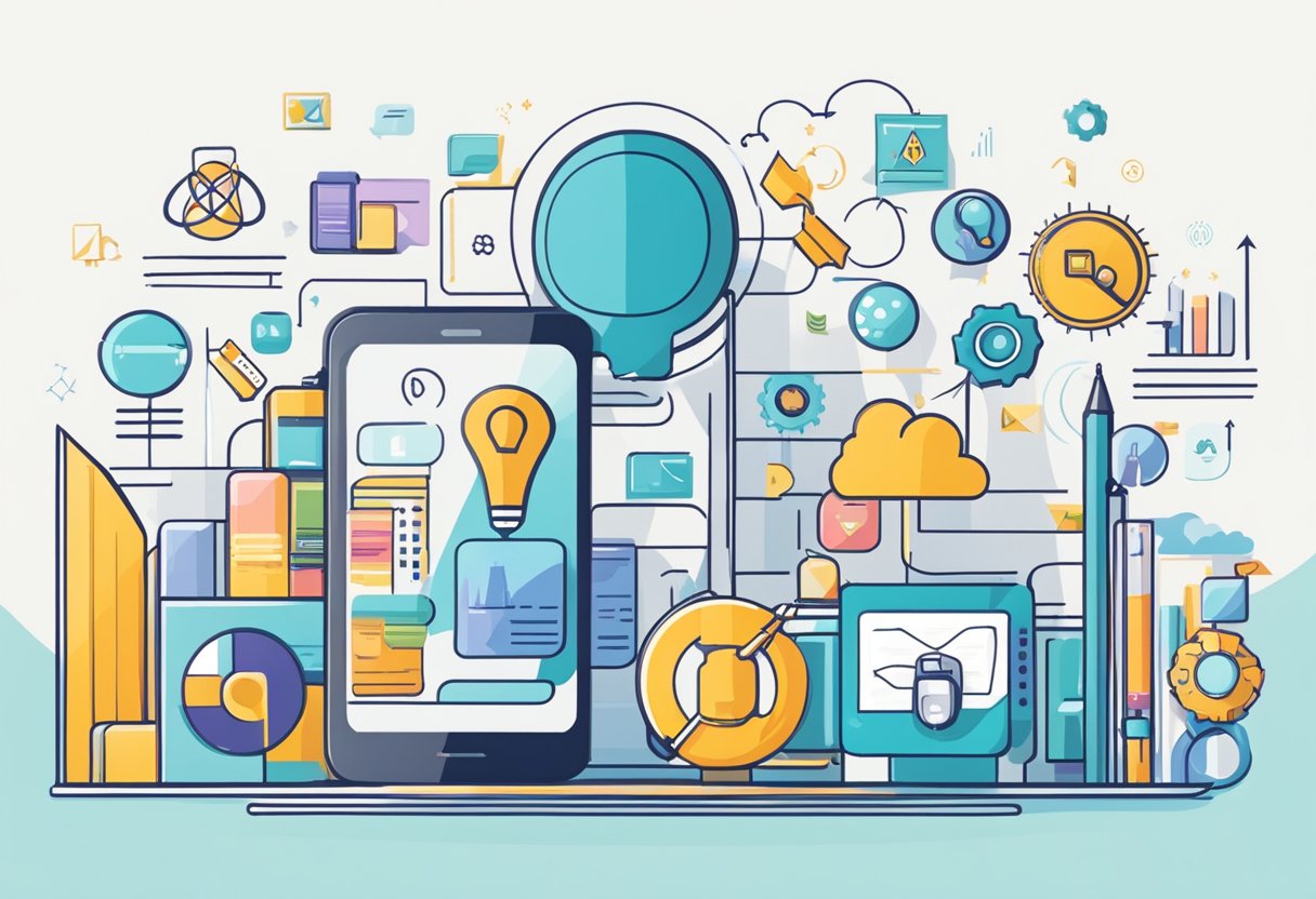 A smartphone surrounded by various educational icons and symbols, with a graph showing an upward trend in mobile learning usage