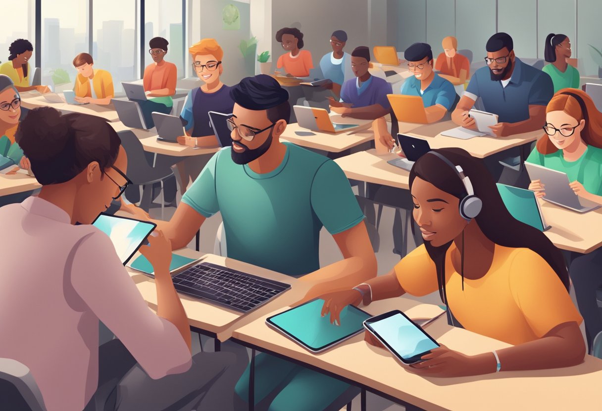 A diverse group of students and teachers engaging with mobile devices in a modern educational setting