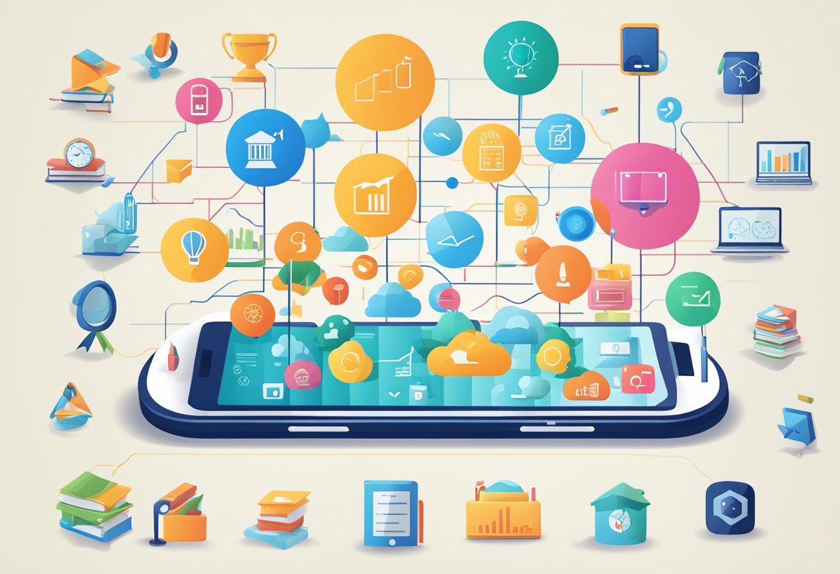 A mobile device surrounded by various educational icons and symbols, with a graph showing an upward trend in mobile learning usage