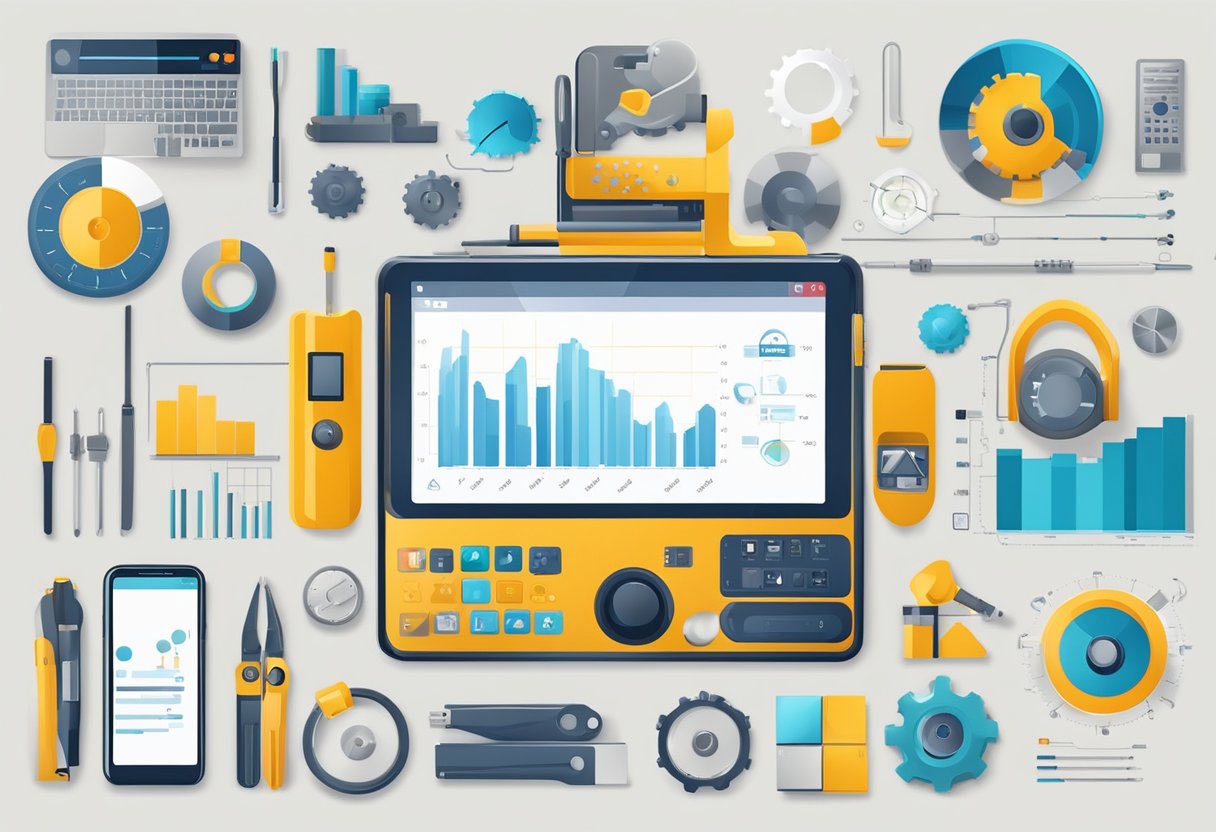 A mobile device surrounded by various non-academic objects, such as tools, machinery, and equipment, with data and statistics displayed on the screen