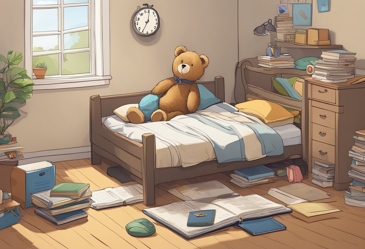 Impacts of Sleep on Children's Learning: 10 Essential Statistics impacts of sleep,children LearningMole A child's bedroom with a cluttered desk, open textbooks, and a clock showing late hours. A tired teddy bear sits on the bed while the child struggles to stay awake
