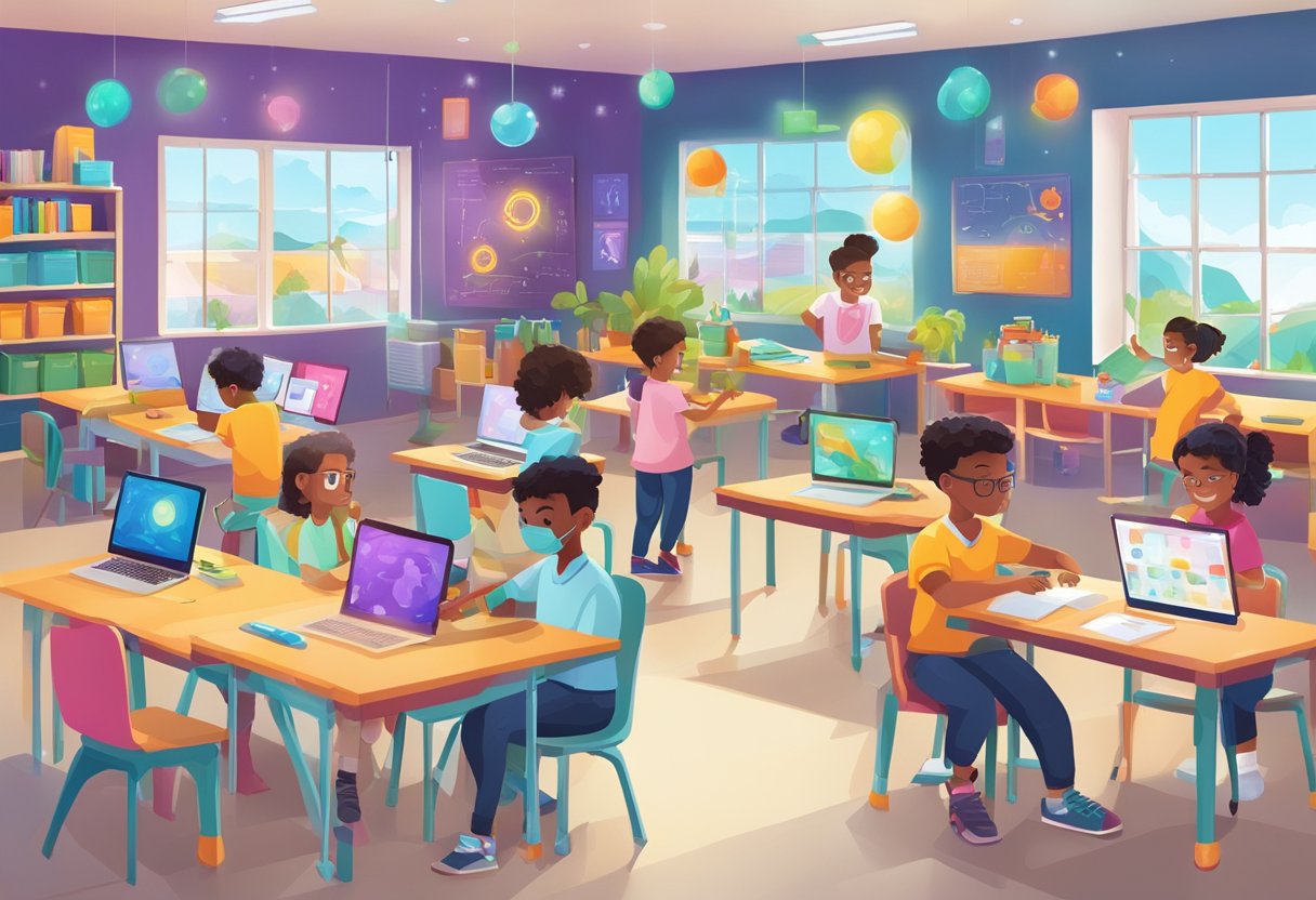 AI Tools Transforming Science Lessons for Primary Students: Fun and Accessible Learning science lessons,ai tools LearningMole A colorful classroom with AI tools integrated into science lessons, showing students engaged in hands-on activities and experiments