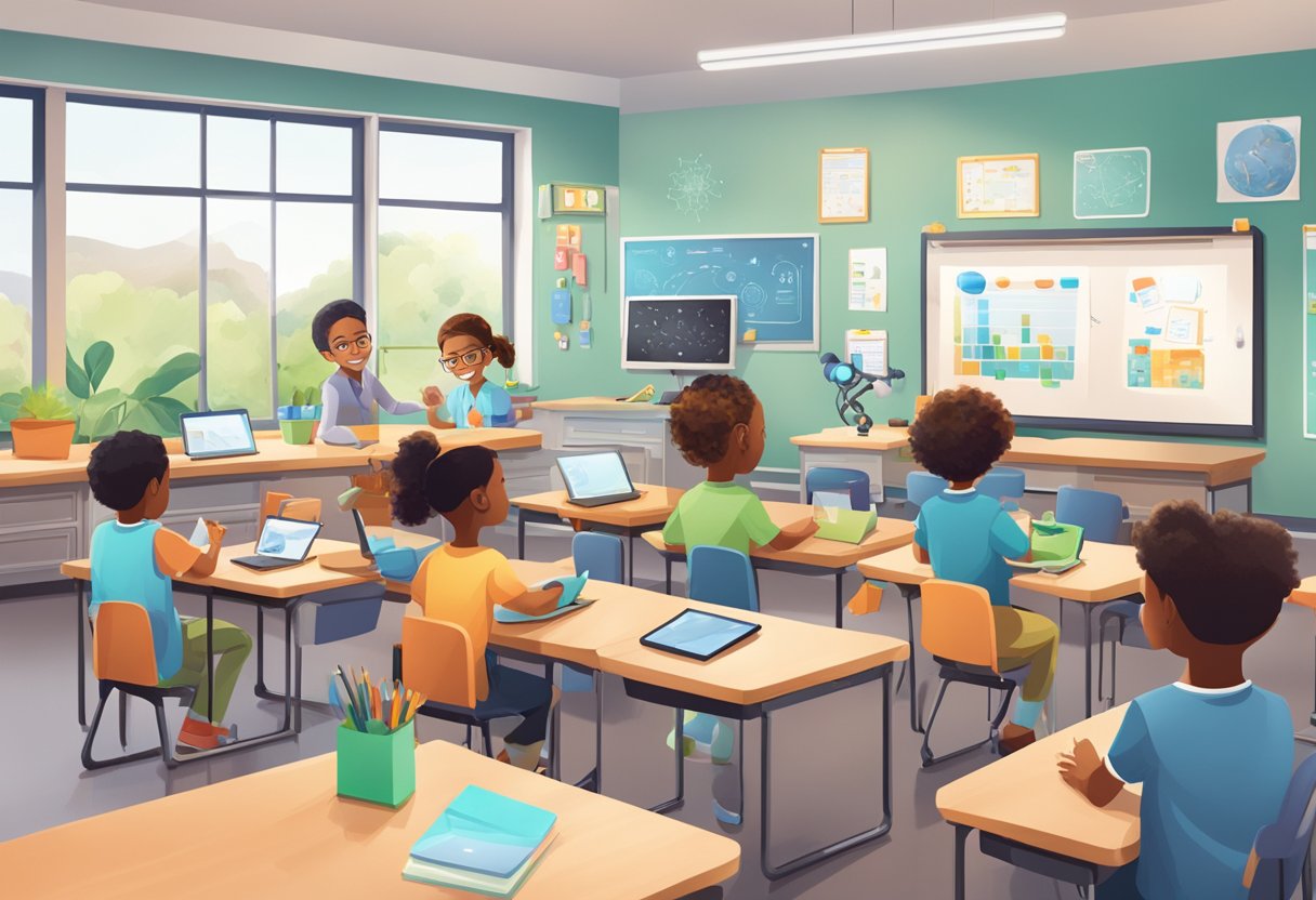 AI Tools Transforming Science Lessons for Primary Students: Fun and Accessible Learning science lessons,ai tools LearningMole A classroom setting with children engaged in hands-on science activities while AI tools assist the teacher in delivering interactive and personalized science lessons