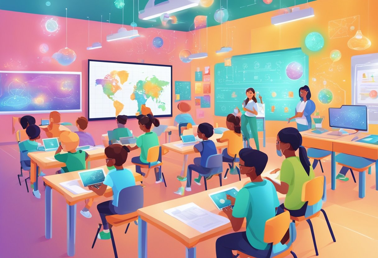 AI Tools Transforming Science Lessons for Primary Students: Fun and Accessible Learning science lessons,ai tools LearningMole A colorful classroom with young students engaged in interactive lessons, surrounded by AI tools and visuals depicting science concepts