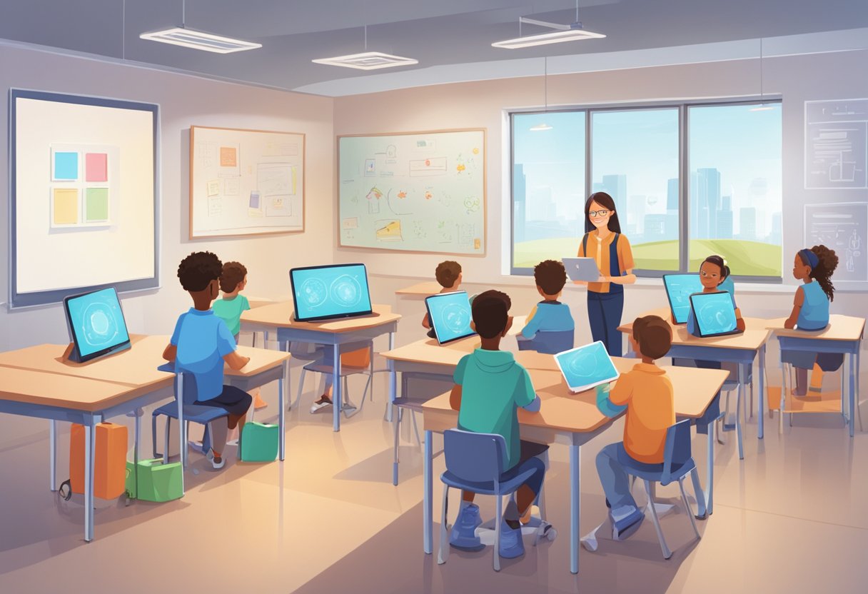 Real-World Examples of AI in Primary Education: Transforming Classroom Learning Examples of AI,education LearningMole A classroom setting with young students interacting with AI technology, such as robots or tablets, while a teacher observes and guides the learning process