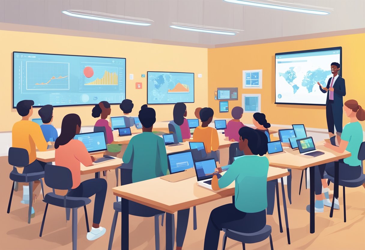 A classroom filled with students engaged in interactive AI learning activities, while teachers monitor and assist with the technology
