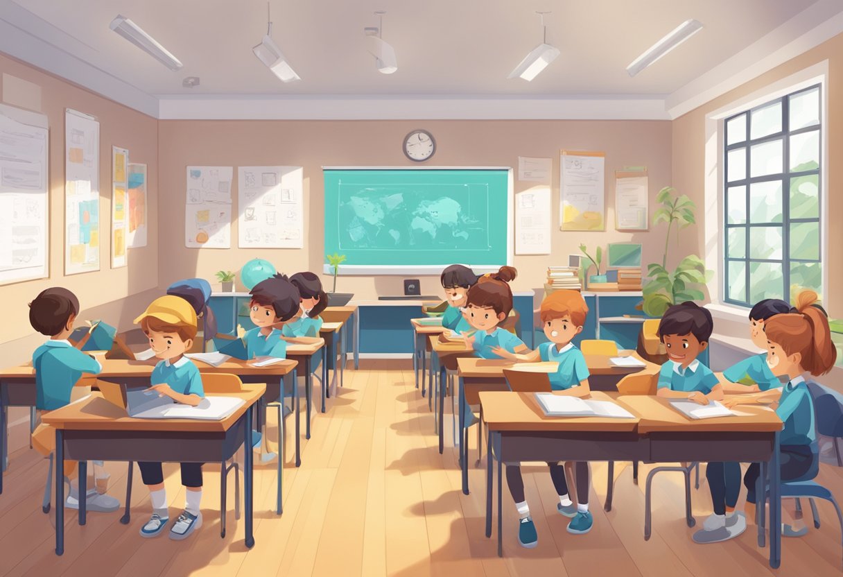 A classroom of primary school students using AI technology to complete homework assignments