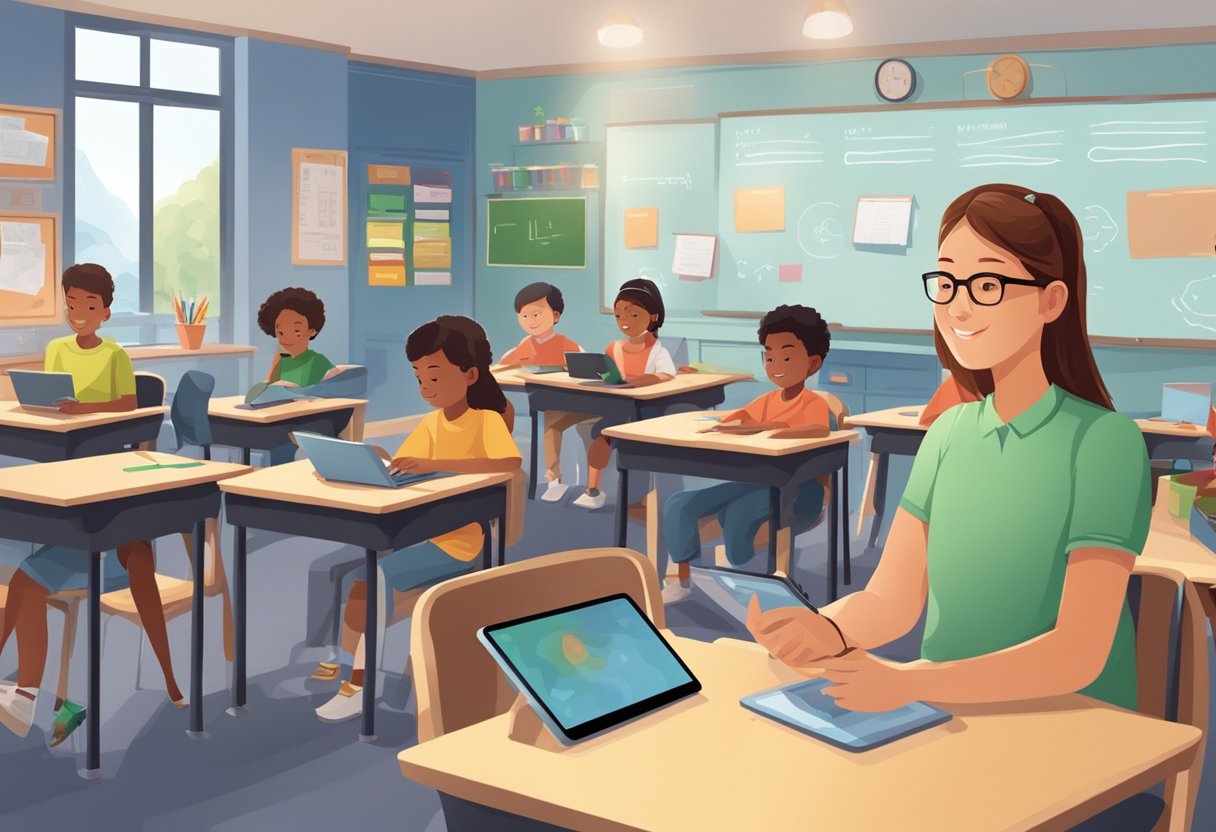 A classroom scene with young students using tablets and laptops, while a teacher demonstrates AI technology for homework assignments