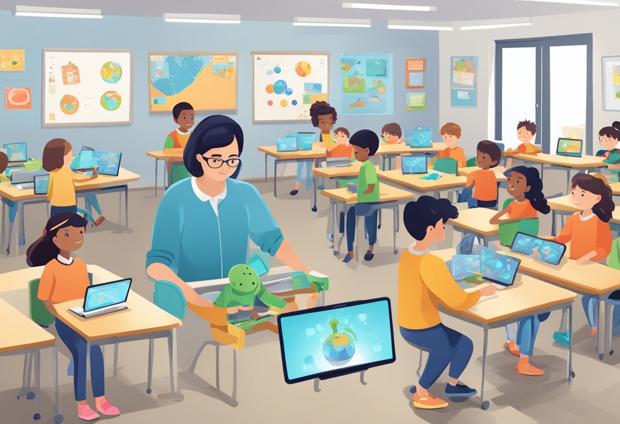 A classroom with children interacting with AI tools, such as robots and tablets, while a teacher observes and guides the activities