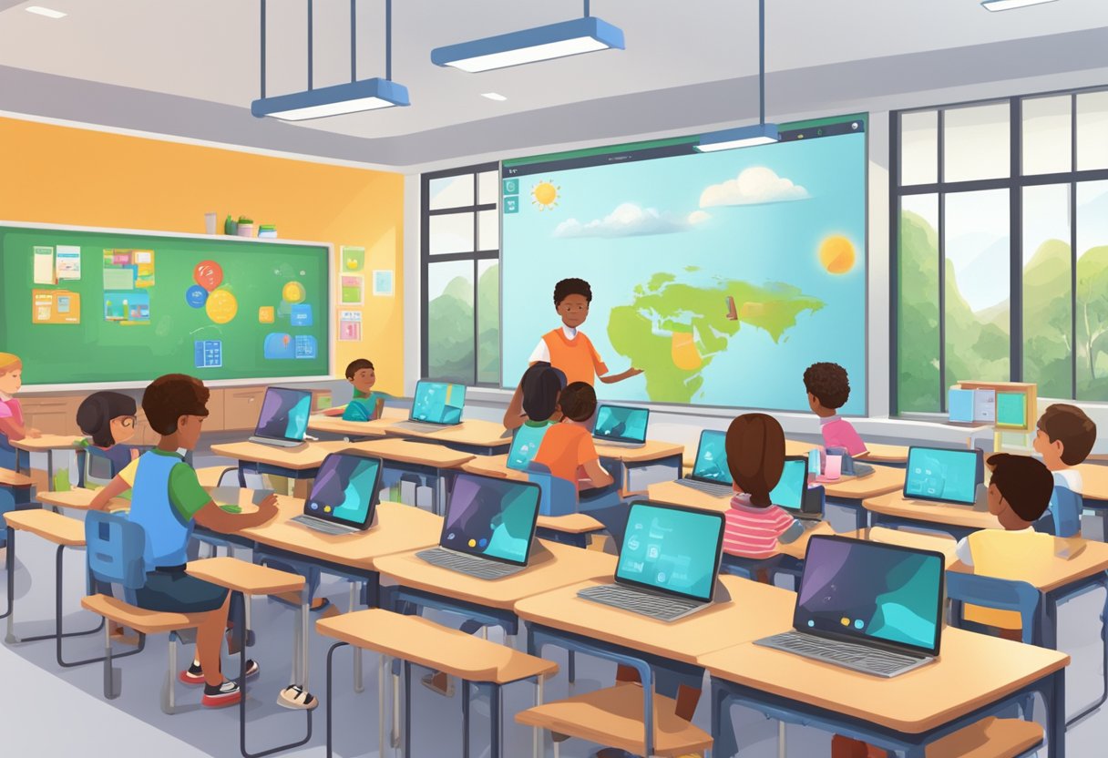 A primary school classroom with students using tablets and computers, while a teacher guides them through interactive AI-based learning activities