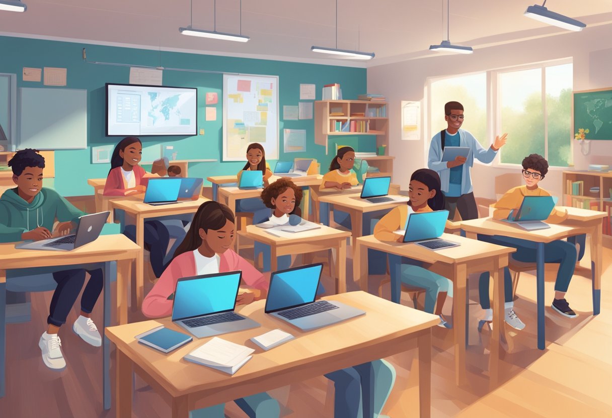 A classroom of young students using AI technology to enhance their core skills, with digital devices and interactive learning tools