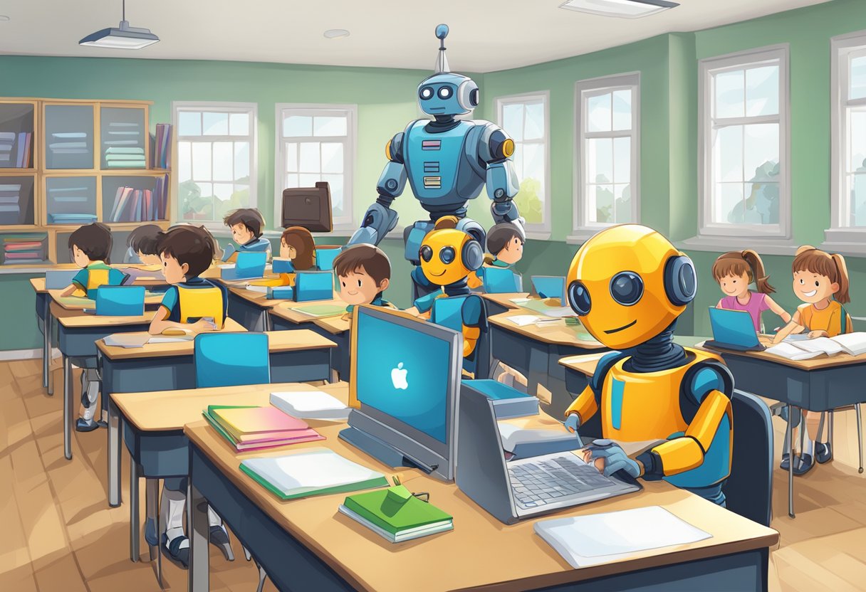 A classroom of primary school students working on laptops while a robot assists with homework