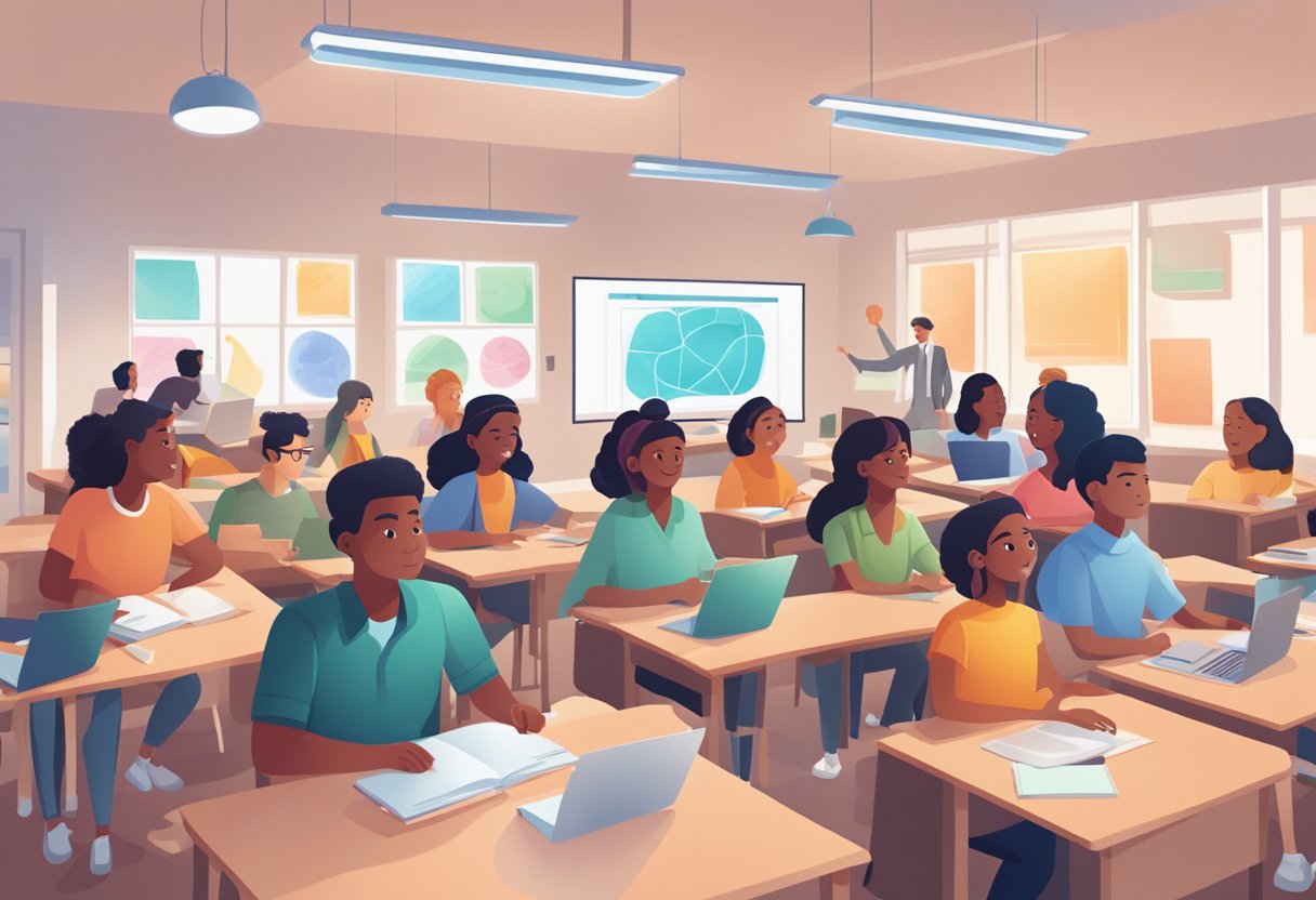 A classroom setting with diverse students interacting with AI educational software