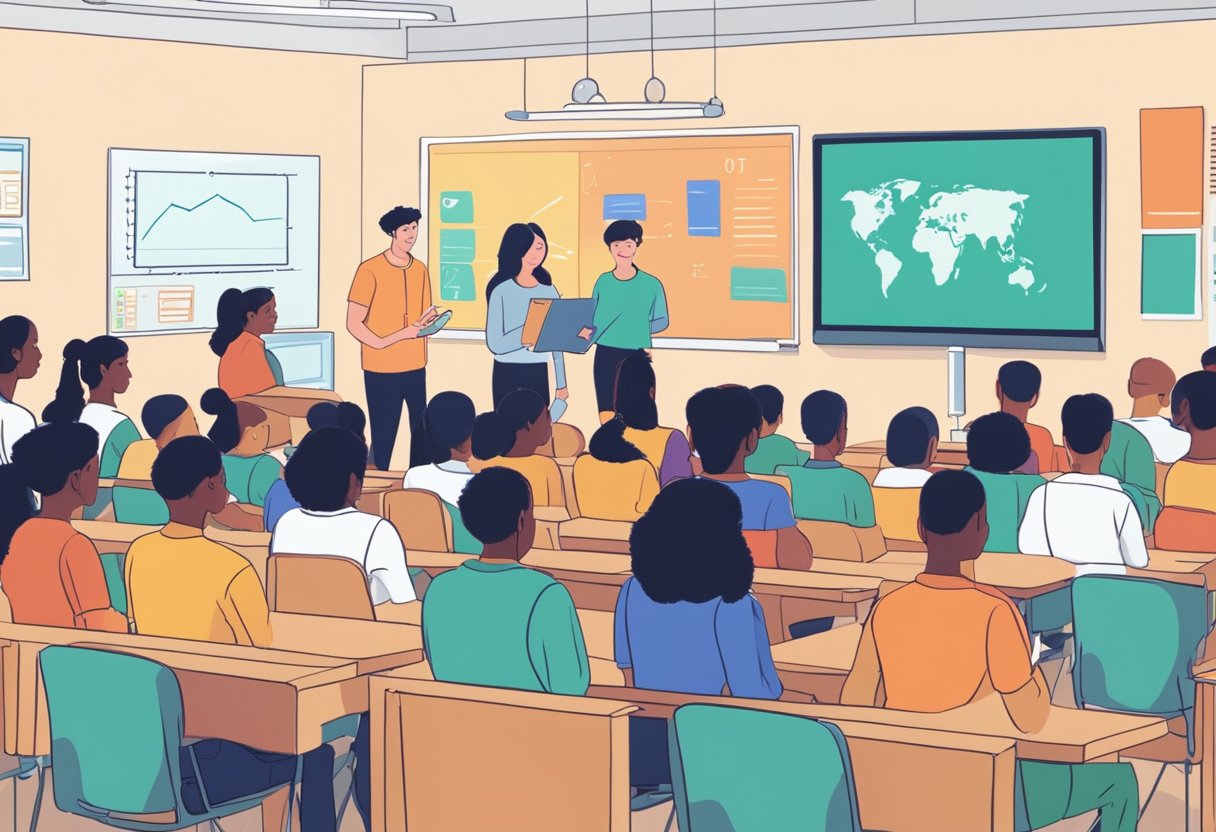 A classroom setting with AI educational software displaying biased results on a screen, while diverse students look on with confusion and frustration