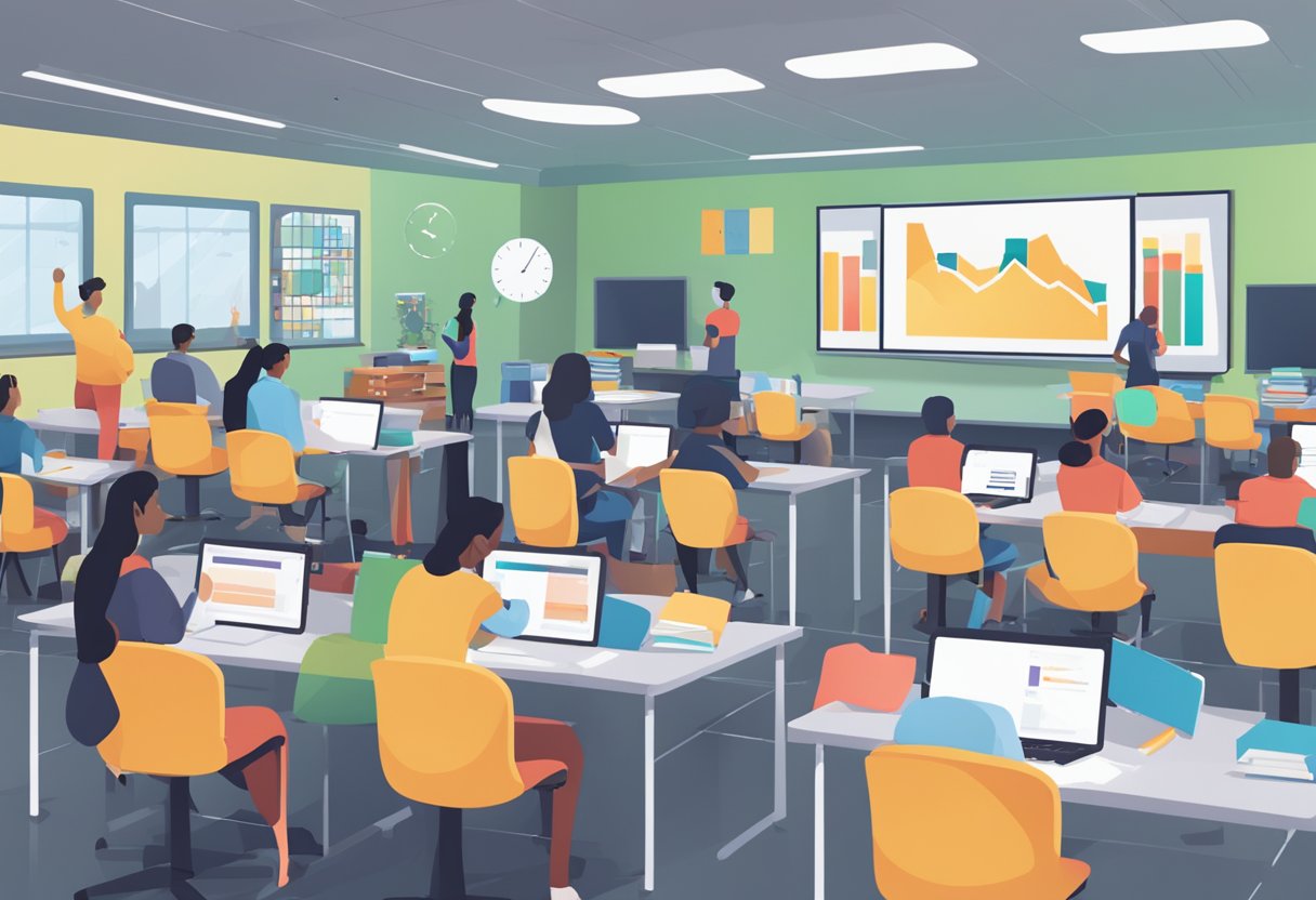 A classroom setting with AI educational software analyzing data, potential bias risks illustrated through varying student outcomes