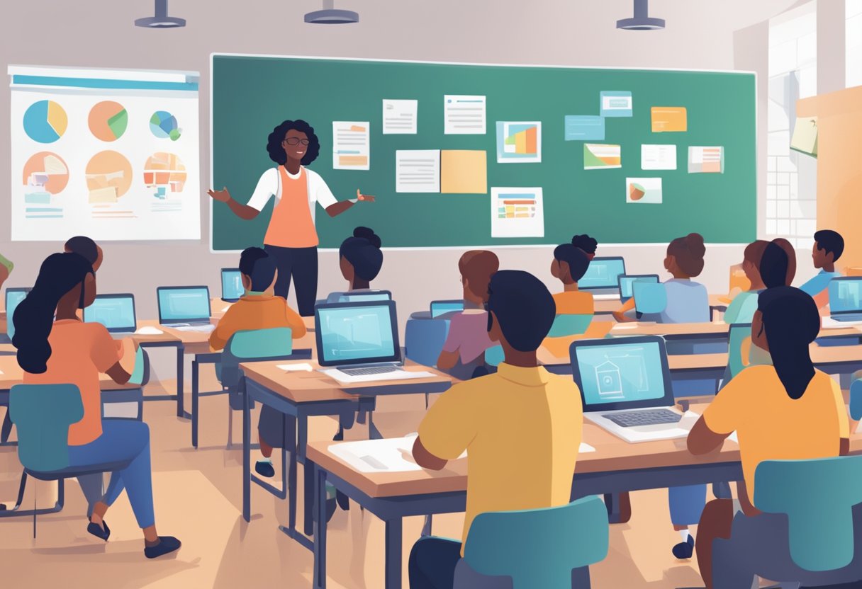 A classroom setting with diverse students using AI educational software, while the software presents potential biases in the background
