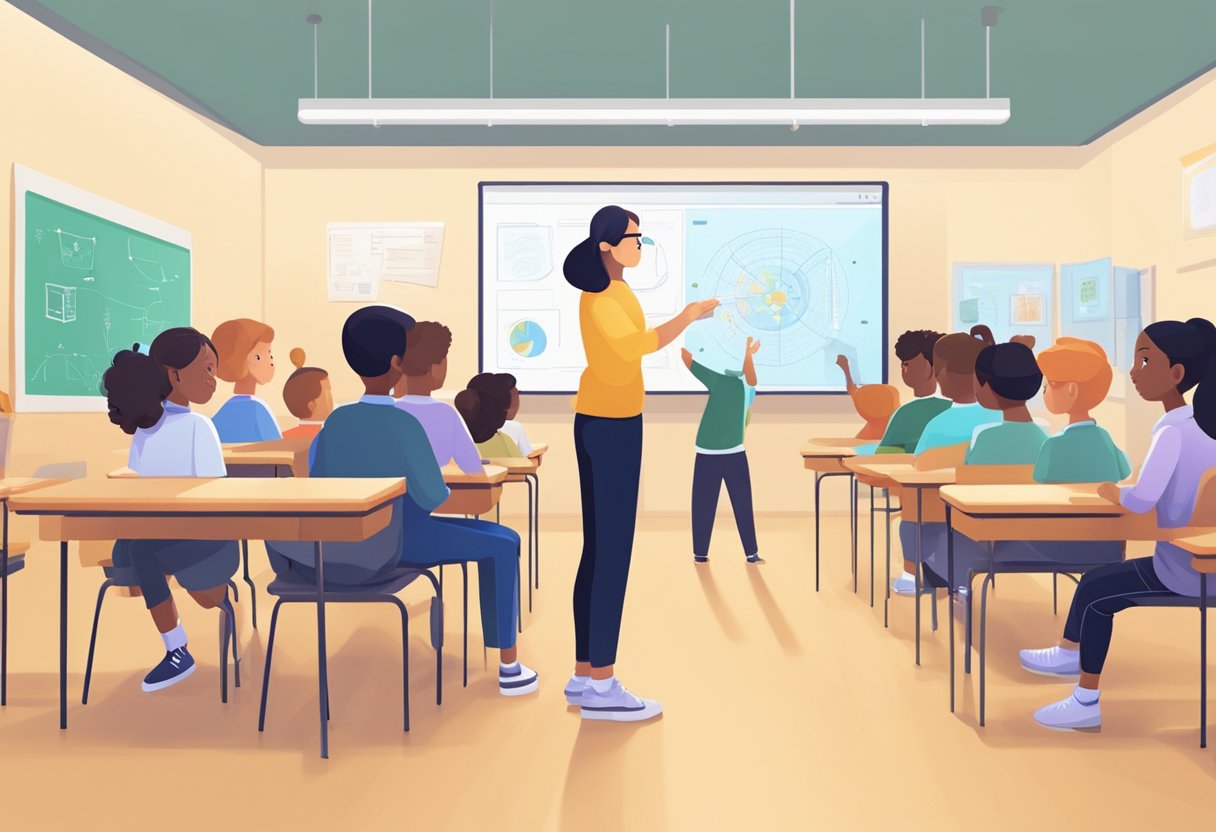 AI-Powered Tools for Primary Teachers in Classroom Management AI-Powered Tools,classroom LearningMole A primary teacher using AI tools to manage a classroom, with students engaged in learning activities