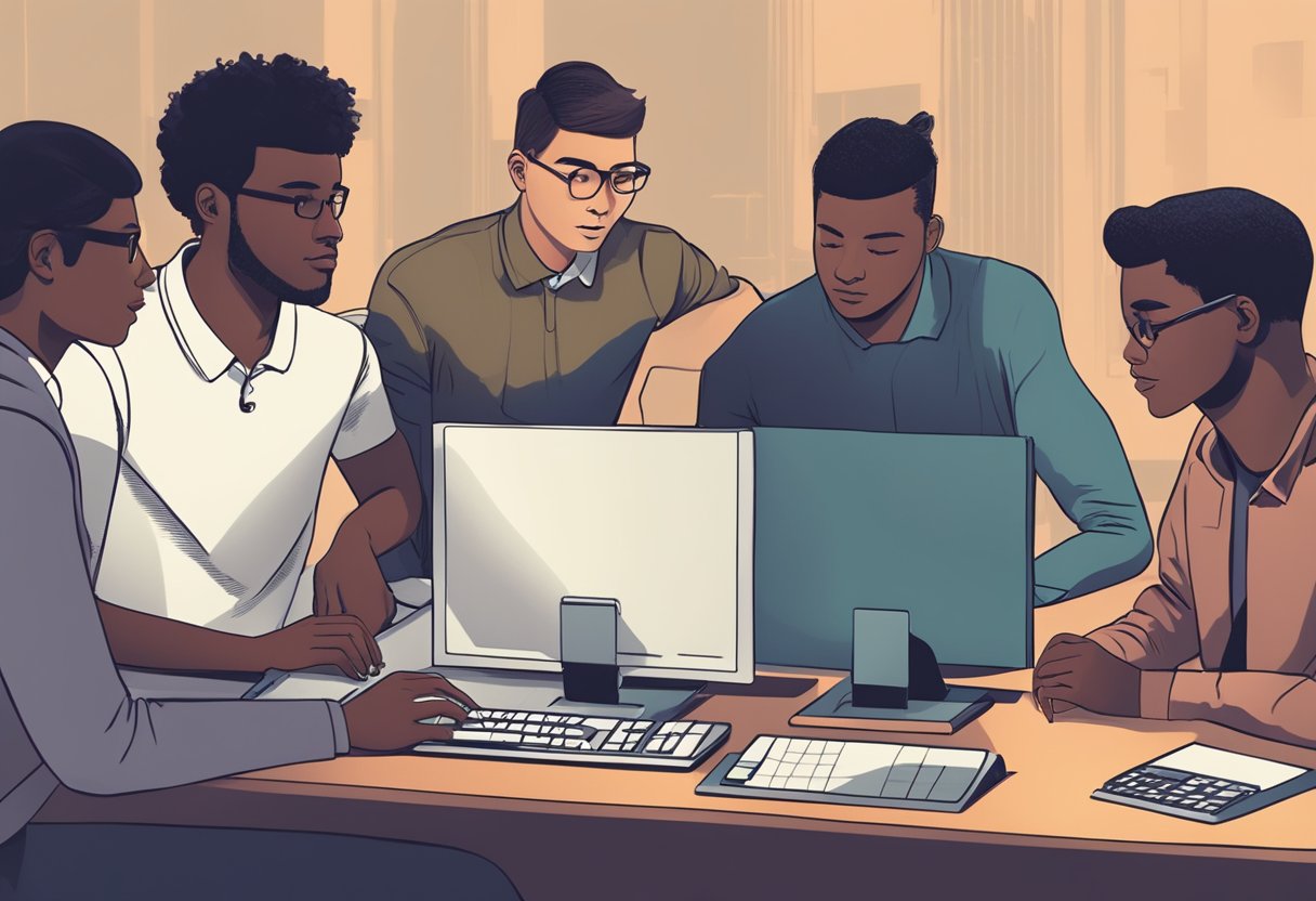 A group of diverse students interacting with a computer program, while a shadow looms over the software, symbolizing potential bias