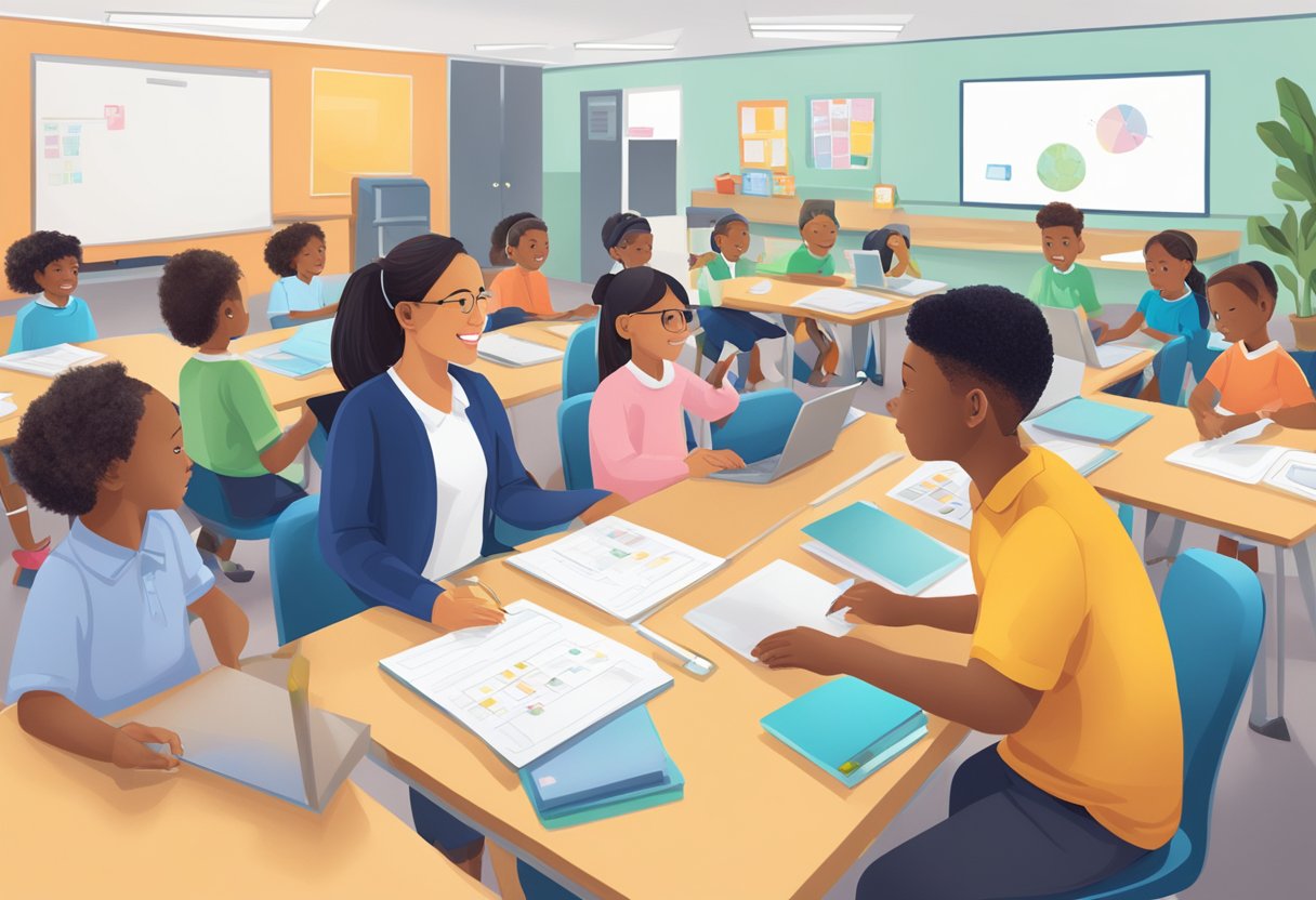 AI-Powered Tools for Primary Teachers in Classroom Management AI-Powered Tools,classroom LearningMole A primary teacher using AI-powered tools to facilitate communication and collaboration in the classroom