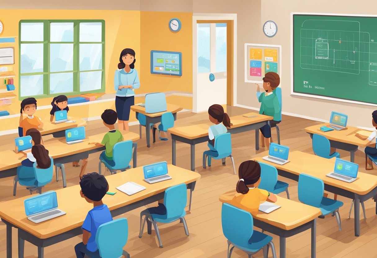 AI-Powered Tools for Primary Teachers in Classroom Management AI-Powered Tools,classroom LearningMole A primary school classroom with AI-powered tools assisting the teacher in managing the class. The tools are integrated into the classroom environment, helping with tasks such as attendance, behavior monitoring, and personalized learning